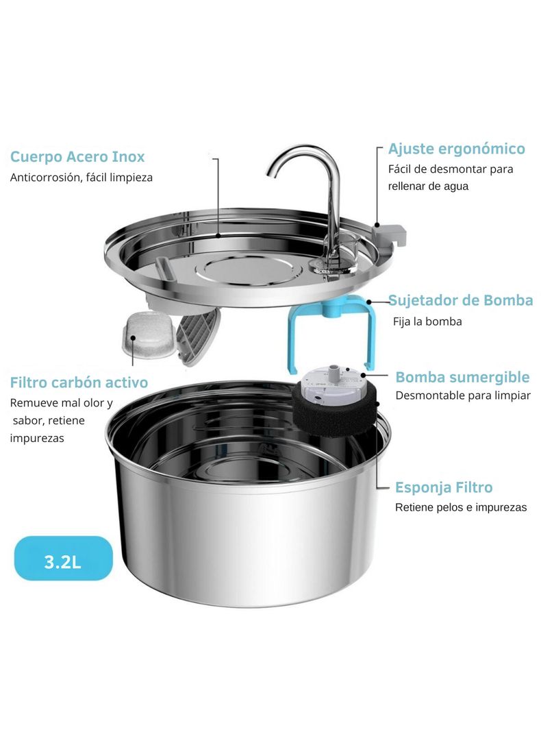 Bebedero Gato Acero Inox Llave Silenciosa + 4 filtros-2