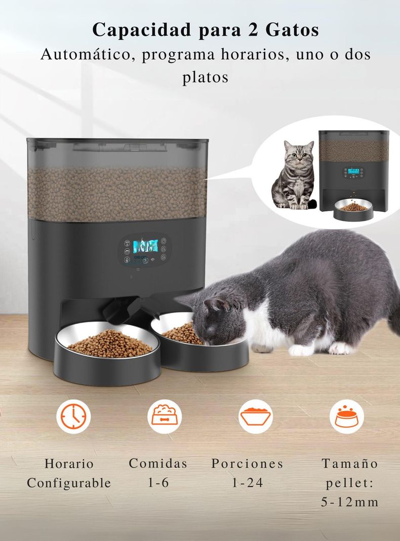 Dispensador Automático Comida Gato Wifi Doble Plato 5.6 L-1