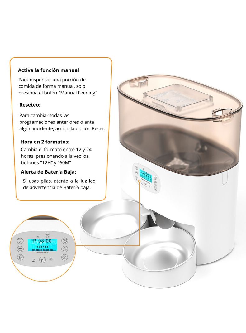 Dispensador Automático Comida Gato Wifi Doble Plato 5.6 L-6