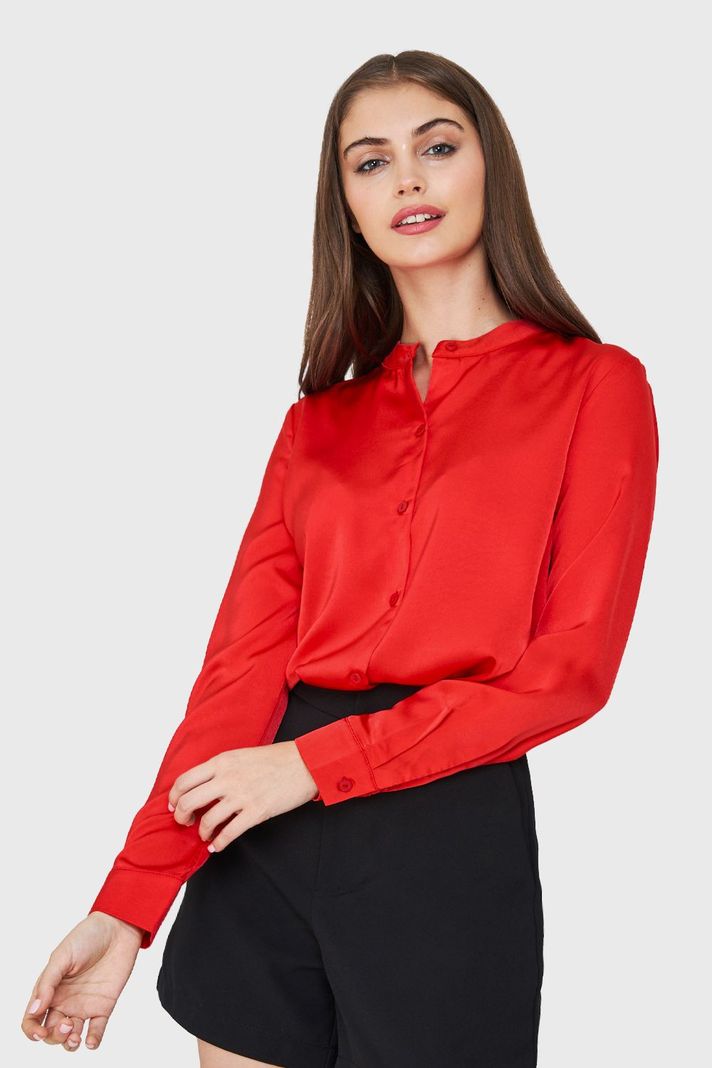 Blusa Cuello Mao Tipo Satín Rojo Nicopoly-0