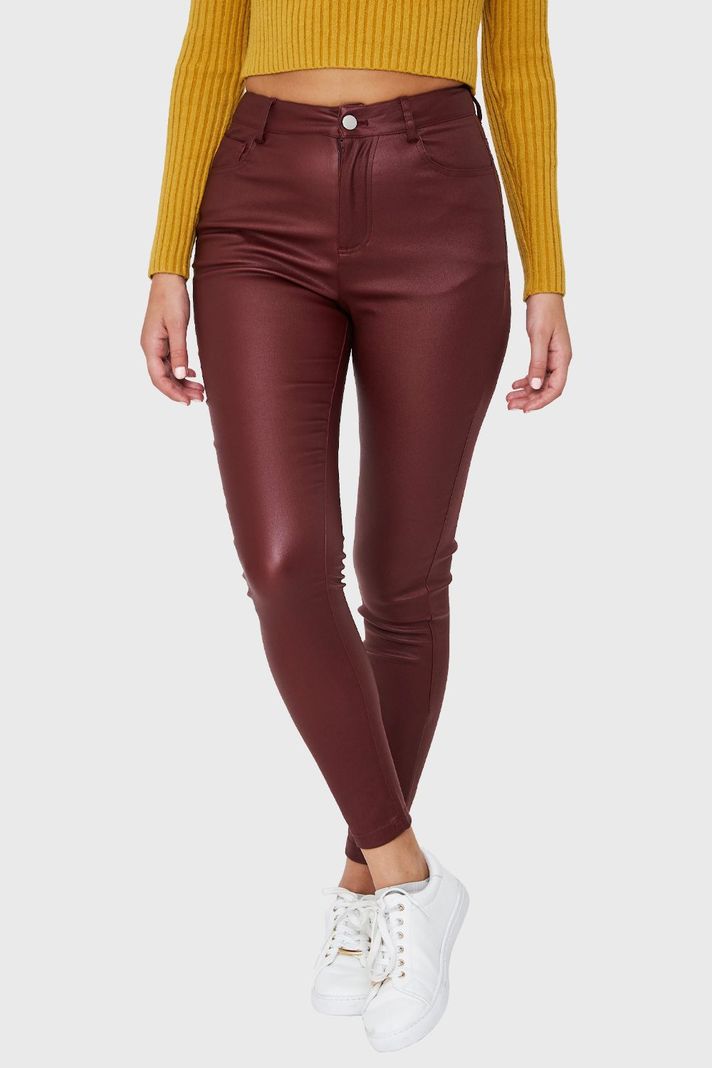 Calza Elasticada Skinny Tipo Encerada Burdeos Nicopoly-0