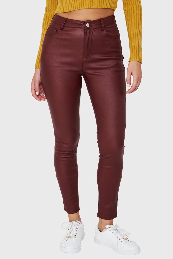 Calza Elasticada Skinny Tipo Encerada Burdeos Nicopoly-4