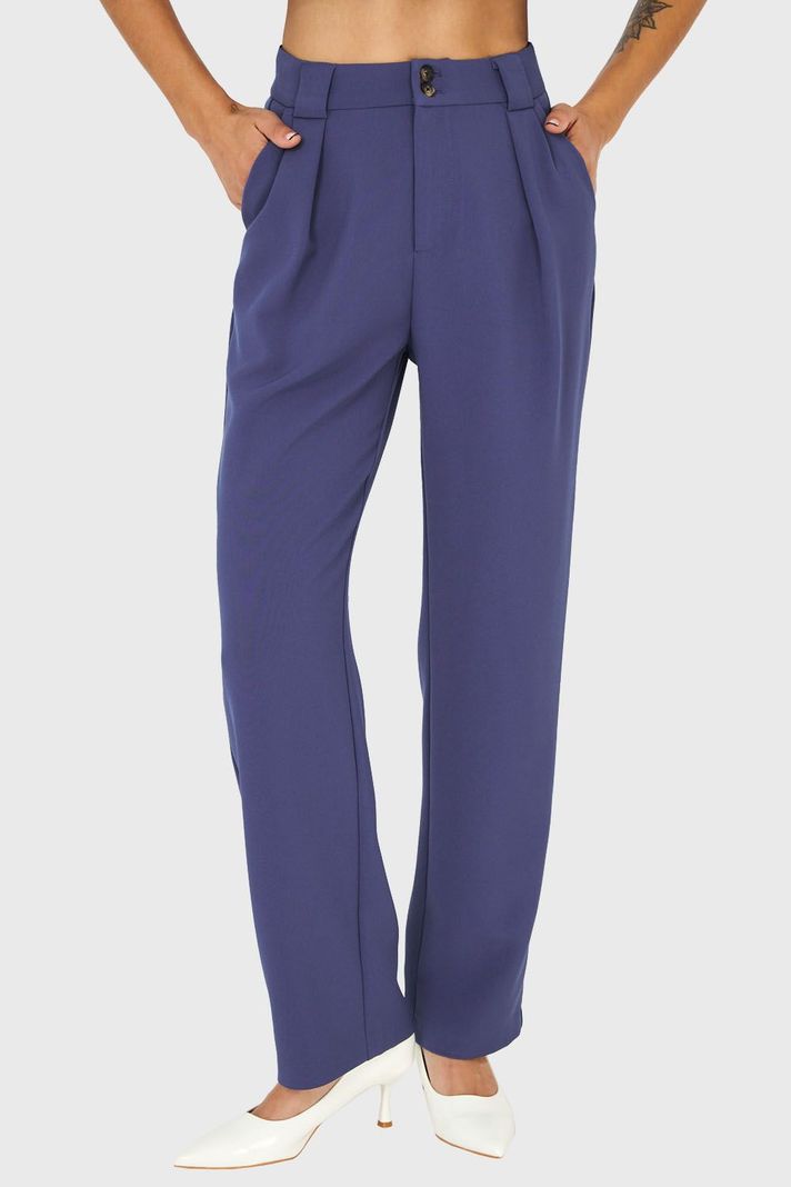 Pantalón Recto Con Pinzas Azul Acero Nicopoly-0