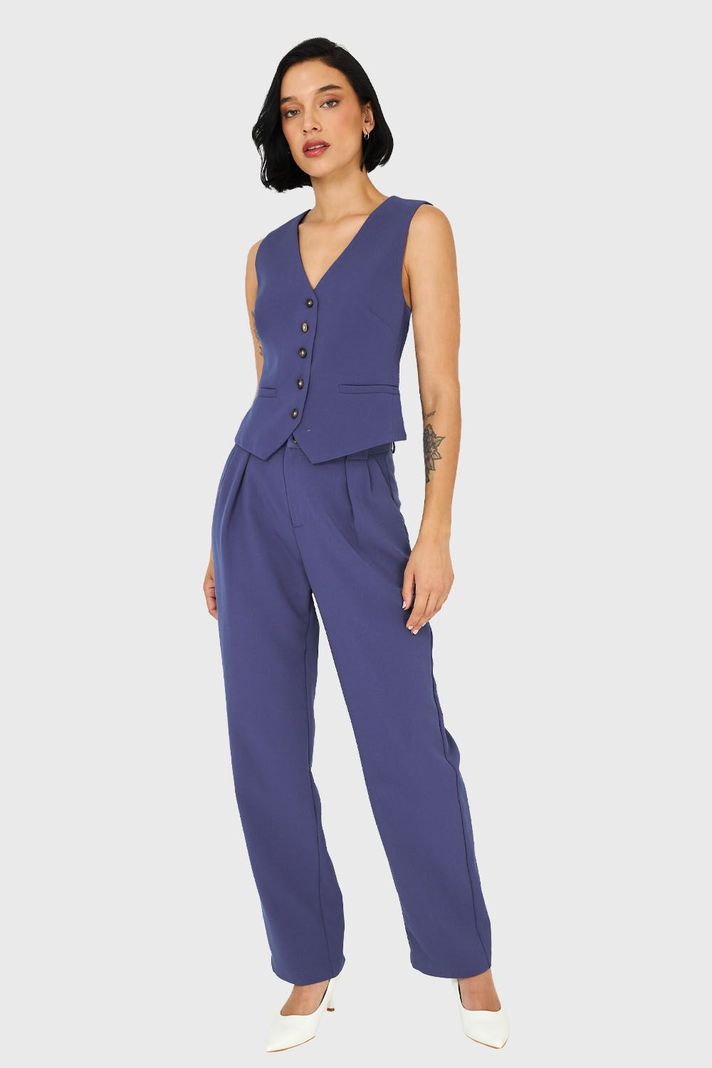 Pantalón Recto Con Pinzas Azul Acero Nicopoly-1