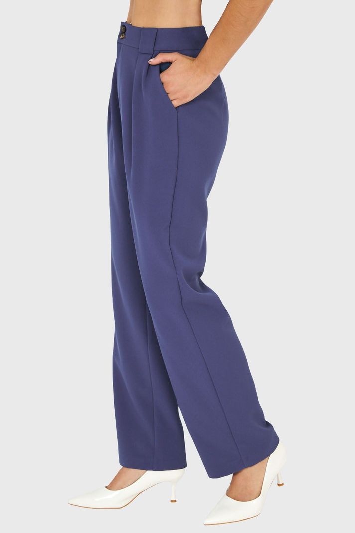 Pantalón Recto Con Pinzas Azul Acero Nicopoly-2