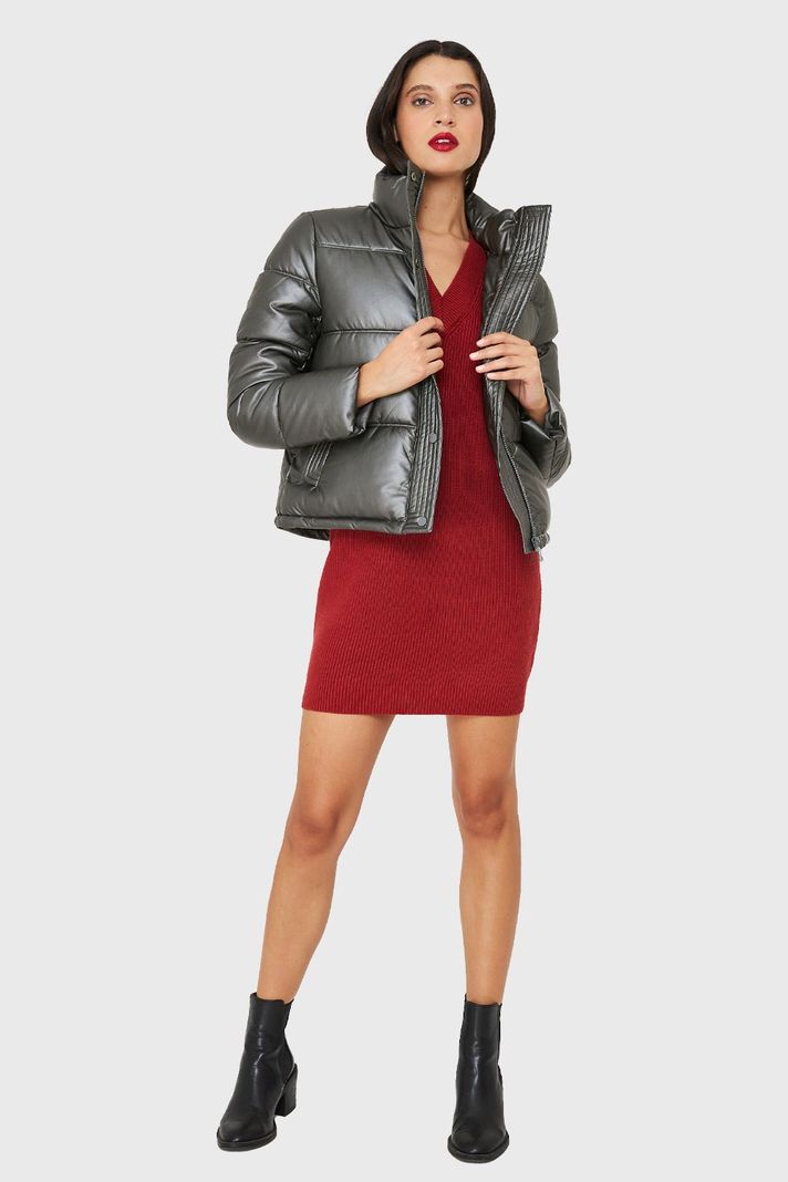 Parka Corta Tipo Ecocuero Gris Metálico Nicopoly-1