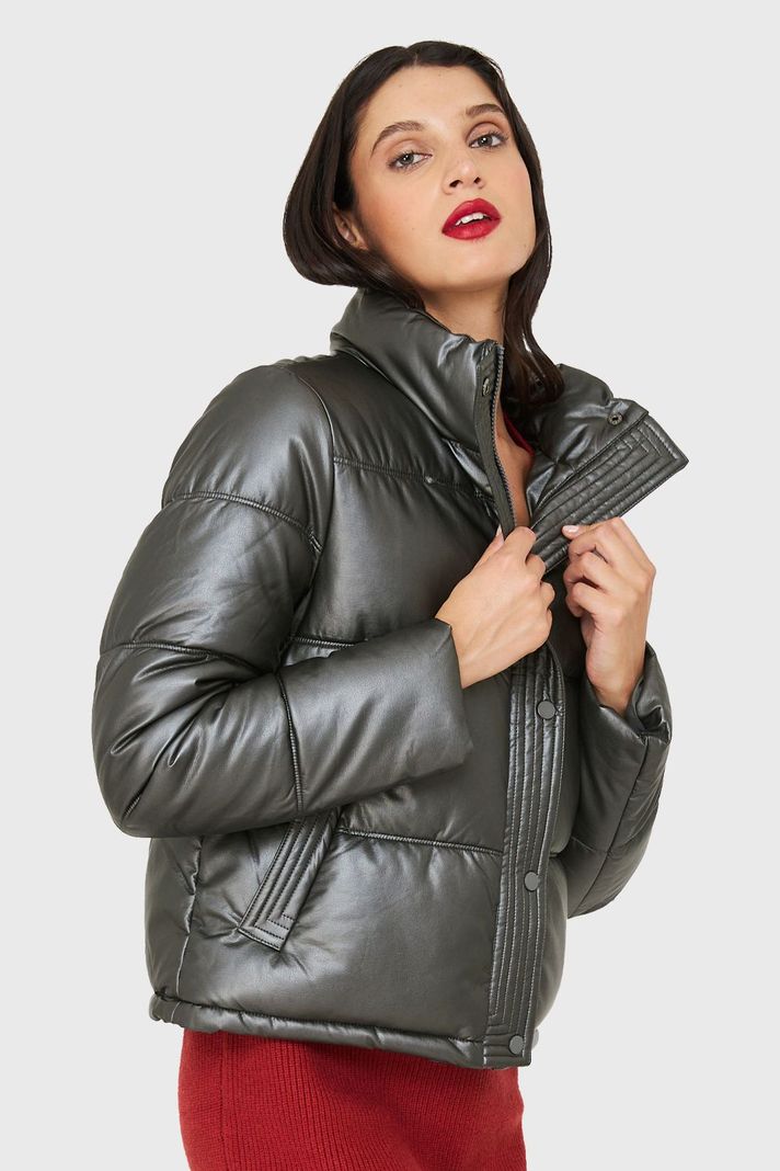 Parka Corta Tipo Ecocuero Gris Metálico Nicopoly-2