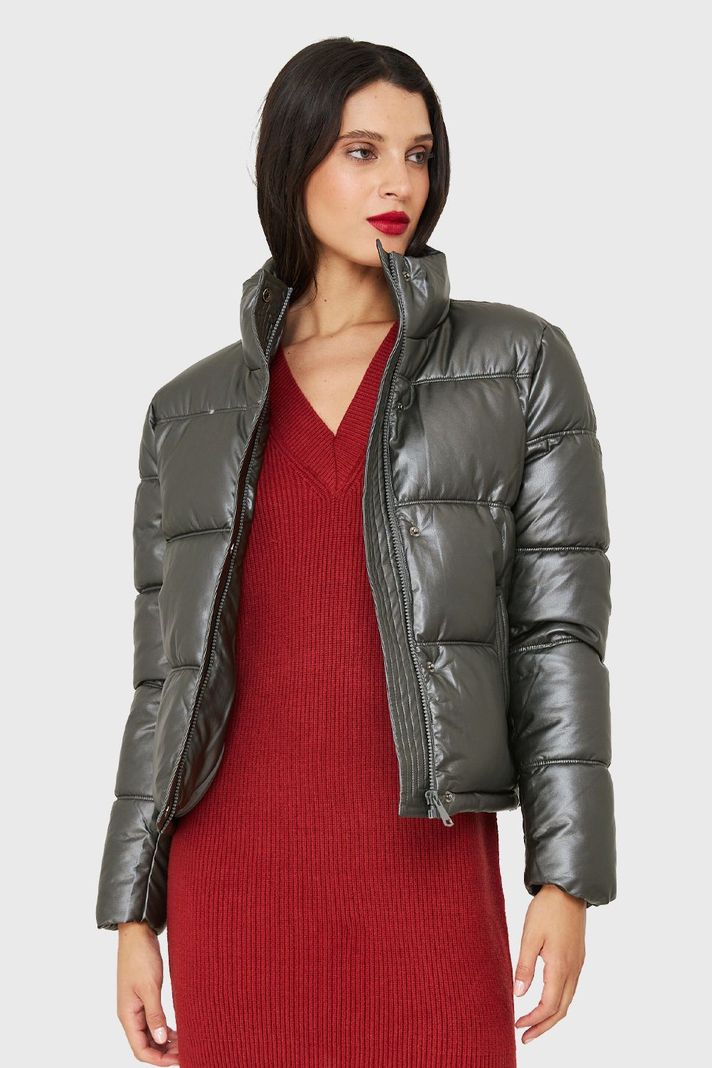 Parka Corta Tipo Ecocuero Gris Metálico Nicopoly-4