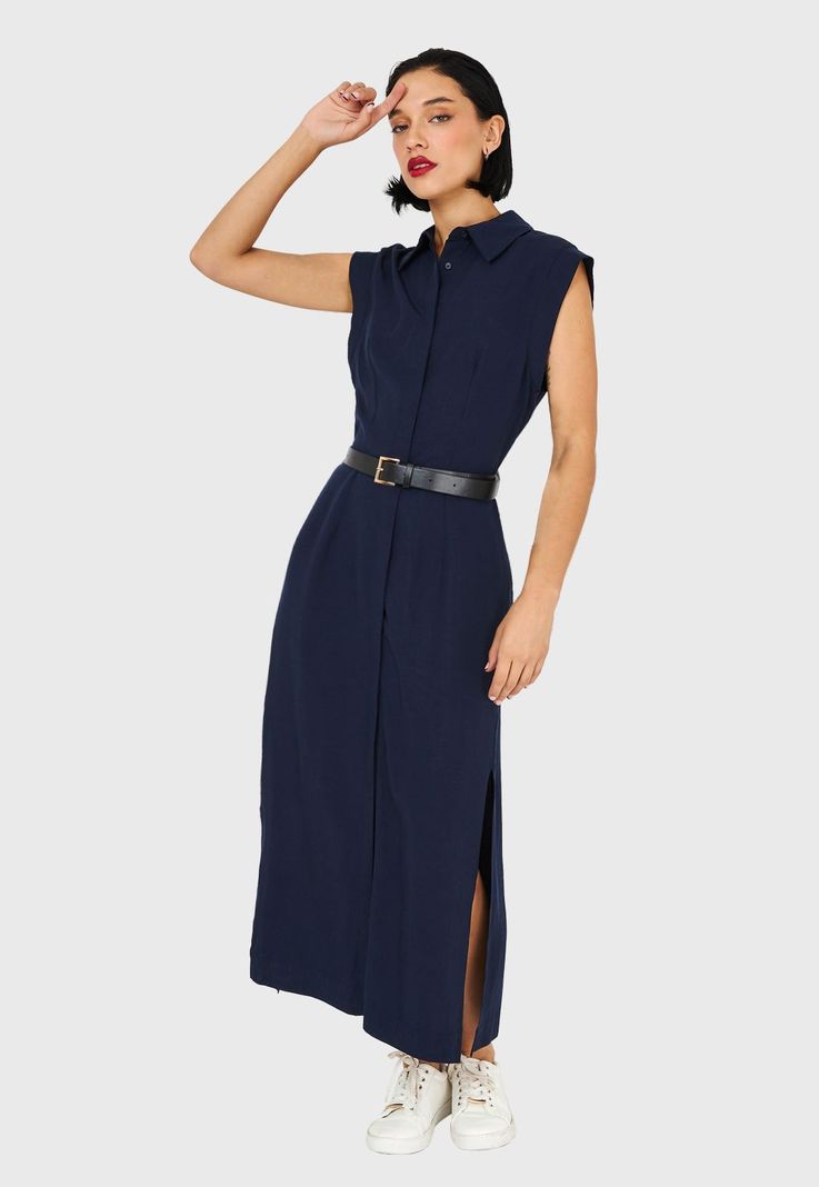 Vestido Camisero Cinturón Azul Marino Nicopoly-0