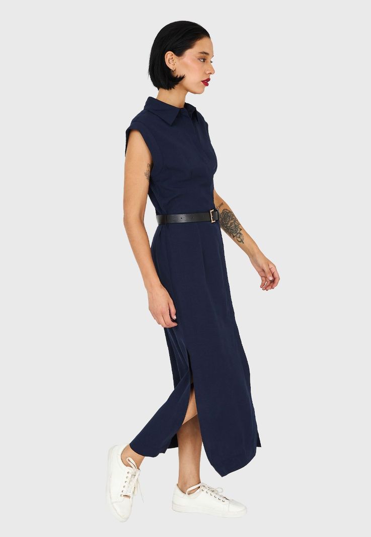 Vestido Camisero Cinturón Azul Marino Nicopoly-2
