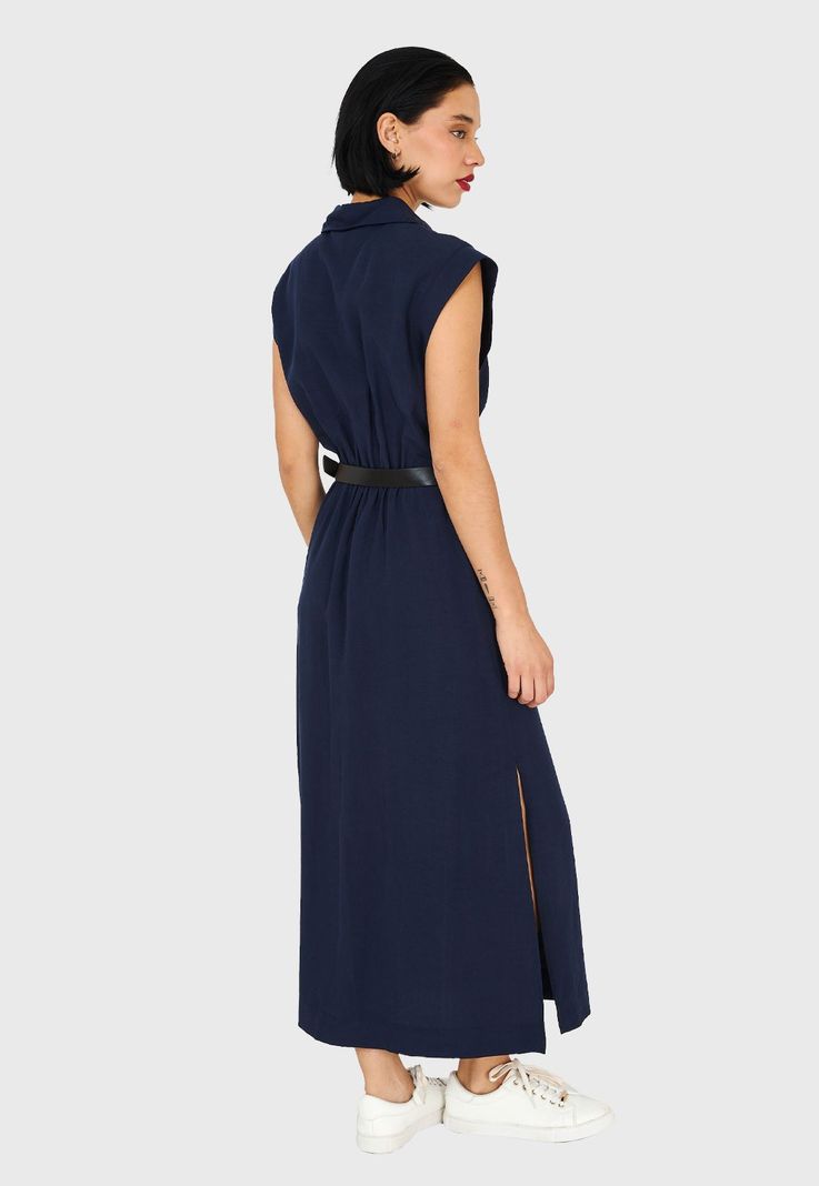 Vestido Camisero Cinturón Azul Marino Nicopoly-3