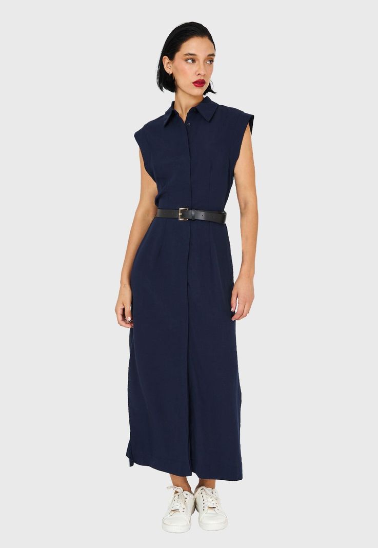 Vestido Camisero Cinturón Azul Marino Nicopoly-4