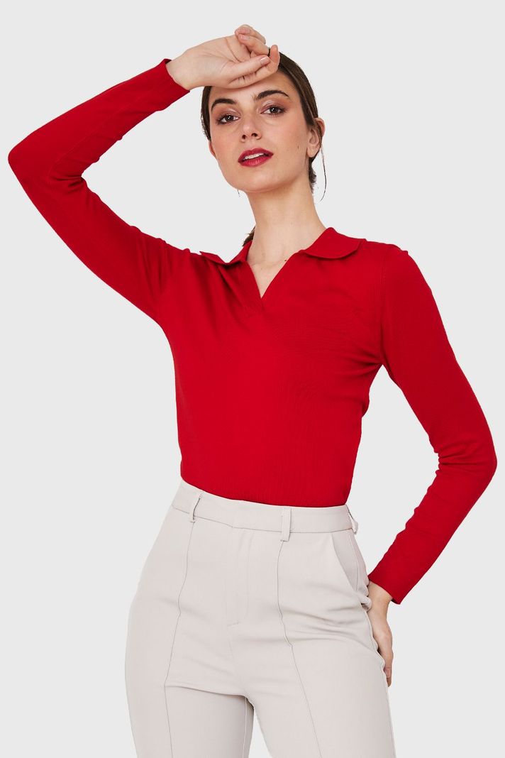 Polera Manga Larga Cuello Camisero Rojo Nicopoly-0