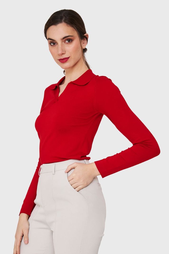Polera Manga Larga Cuello Camisero Rojo Nicopoly-2