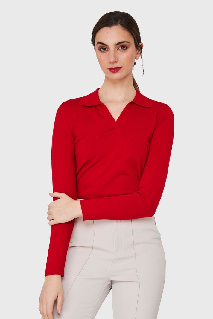 Polera Manga Larga Cuello Camisero Rojo Nicopoly-4