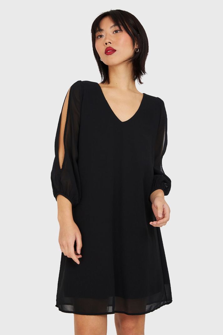Vestido Corto Aberturas Mangas Negro Nicopoly-0