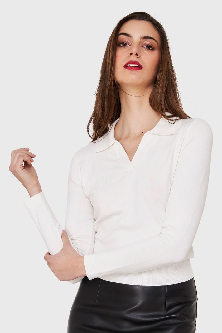 Polera Manga Larga Cuello Camisero Blanco Invierno Nicopoly-0