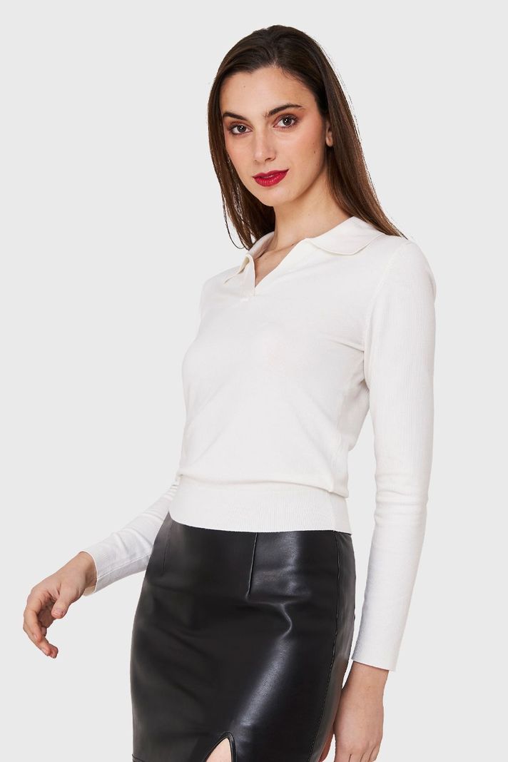 Polera Manga Larga Cuello Camisero Blanco Invierno Nicopoly-2