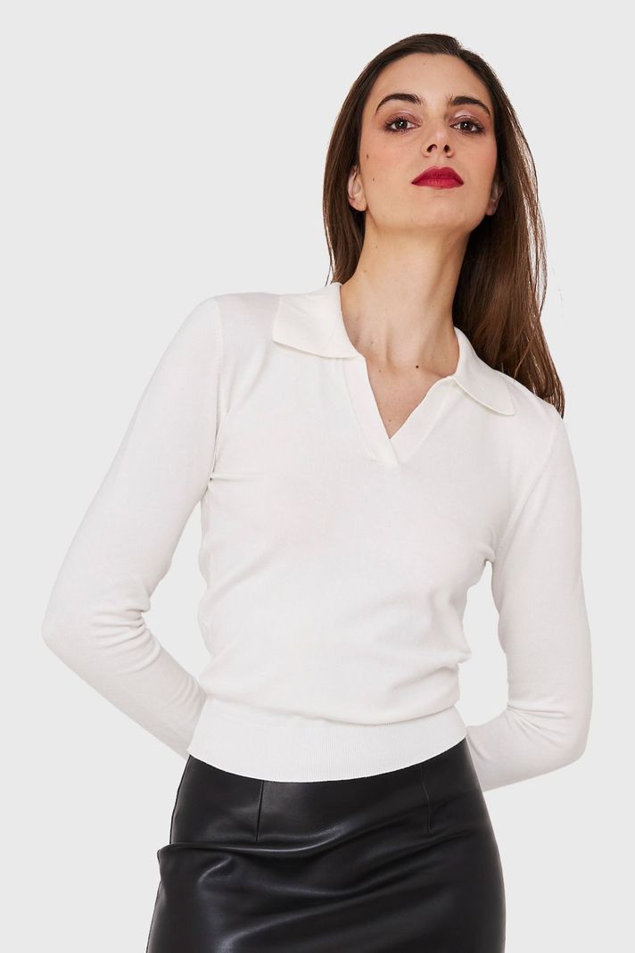 Polera Manga Larga Cuello Camisero Blanco Invierno Nicopoly-4