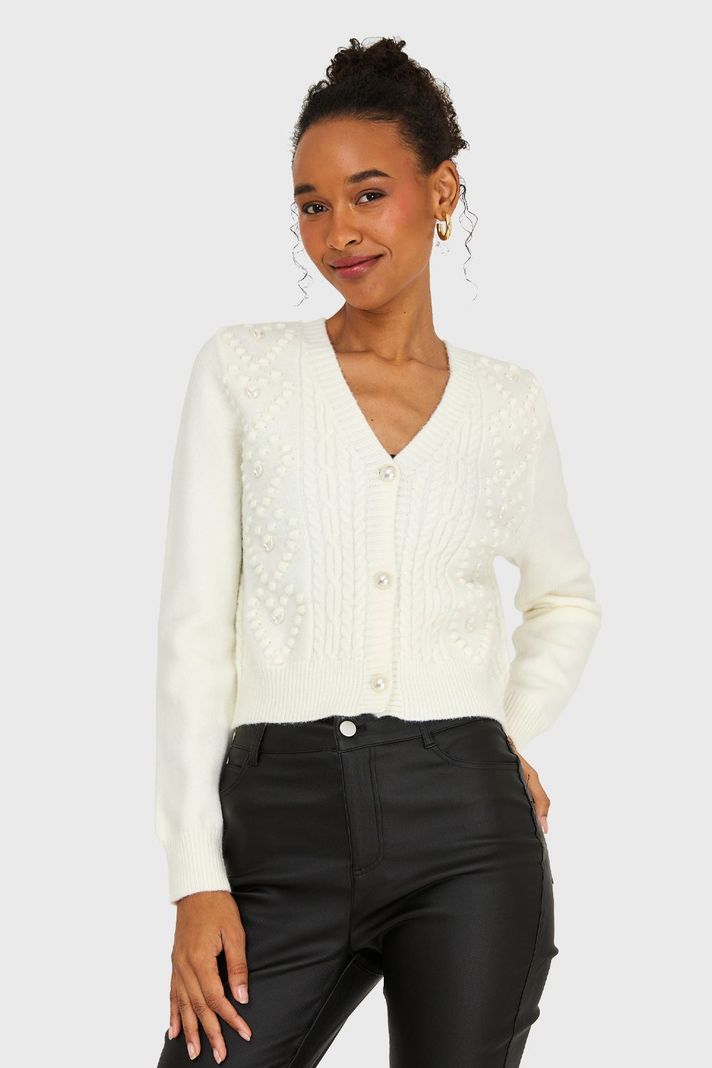 Cárdigan Crop Perlas Blanco Invierno Nicopoly-0