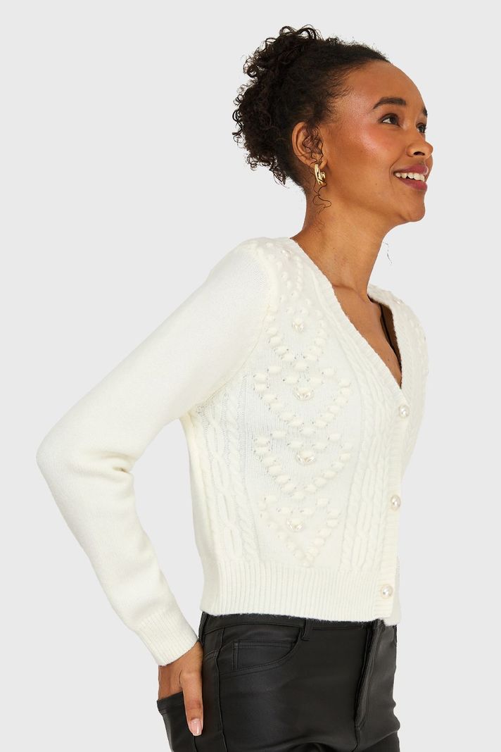 Cárdigan Crop Perlas Blanco Invierno Nicopoly-2