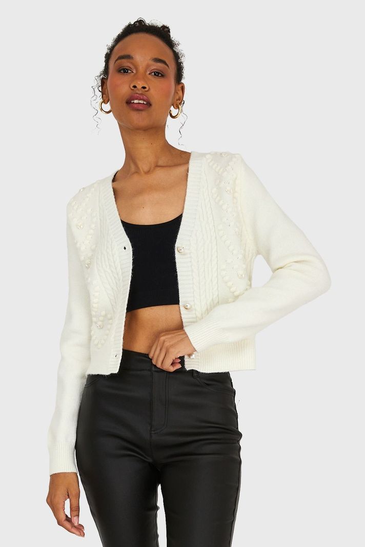 Cárdigan Crop Perlas Blanco Invierno Nicopoly-4