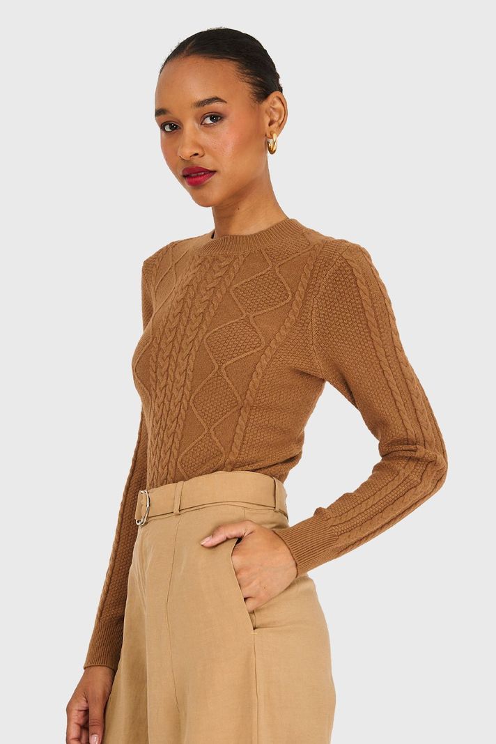 Sweater Diseño Trenzado Camel Nicopoly-2