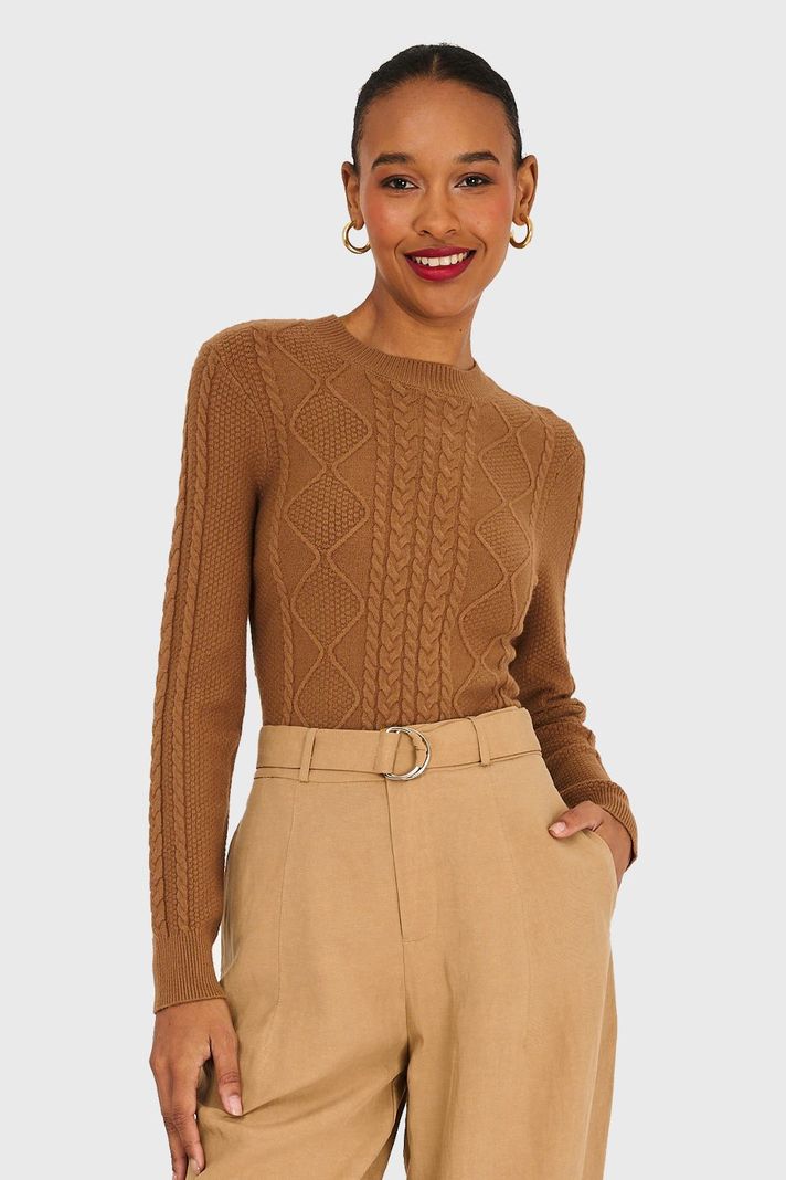 Sweater Diseño Trenzado Camel Nicopoly-4