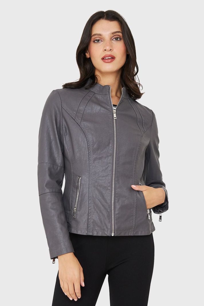 Chaqueta Mao Ecocuero Gris Nicopoly-0