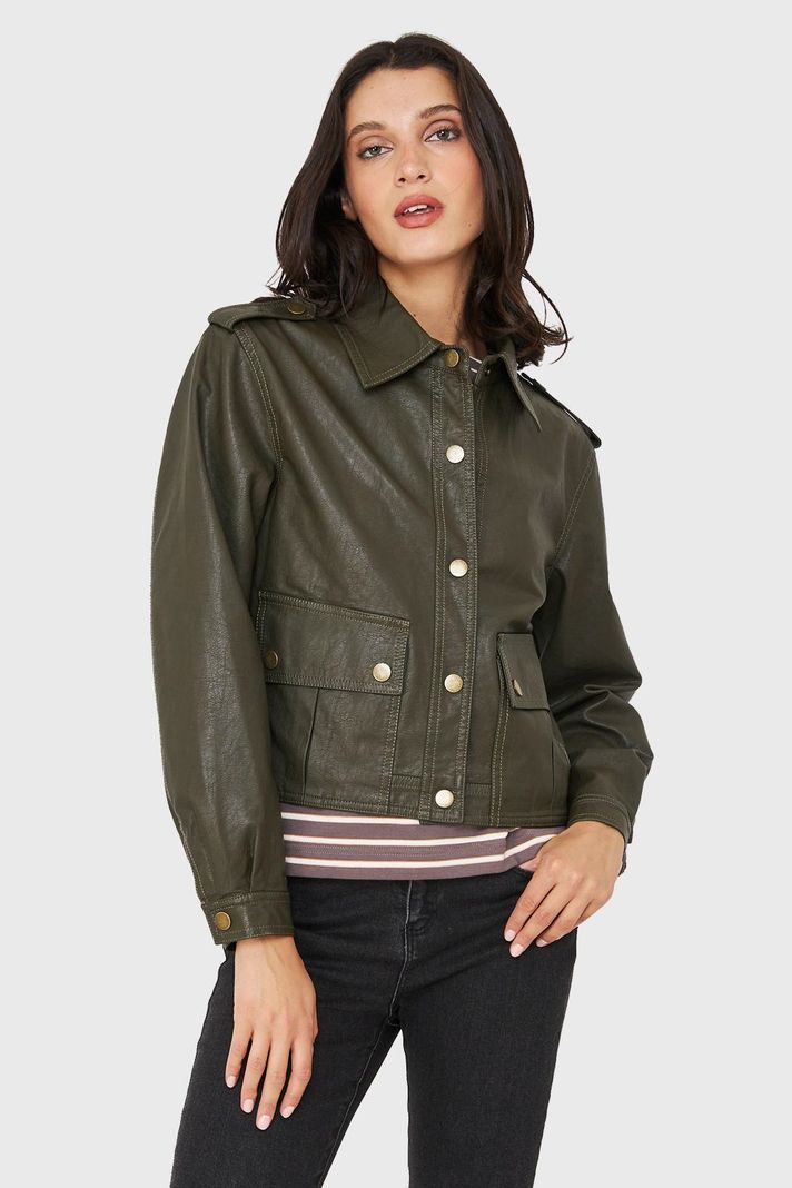 Chaqueta Cuello Camisero Ecocuero Oliva Nicopoly-0