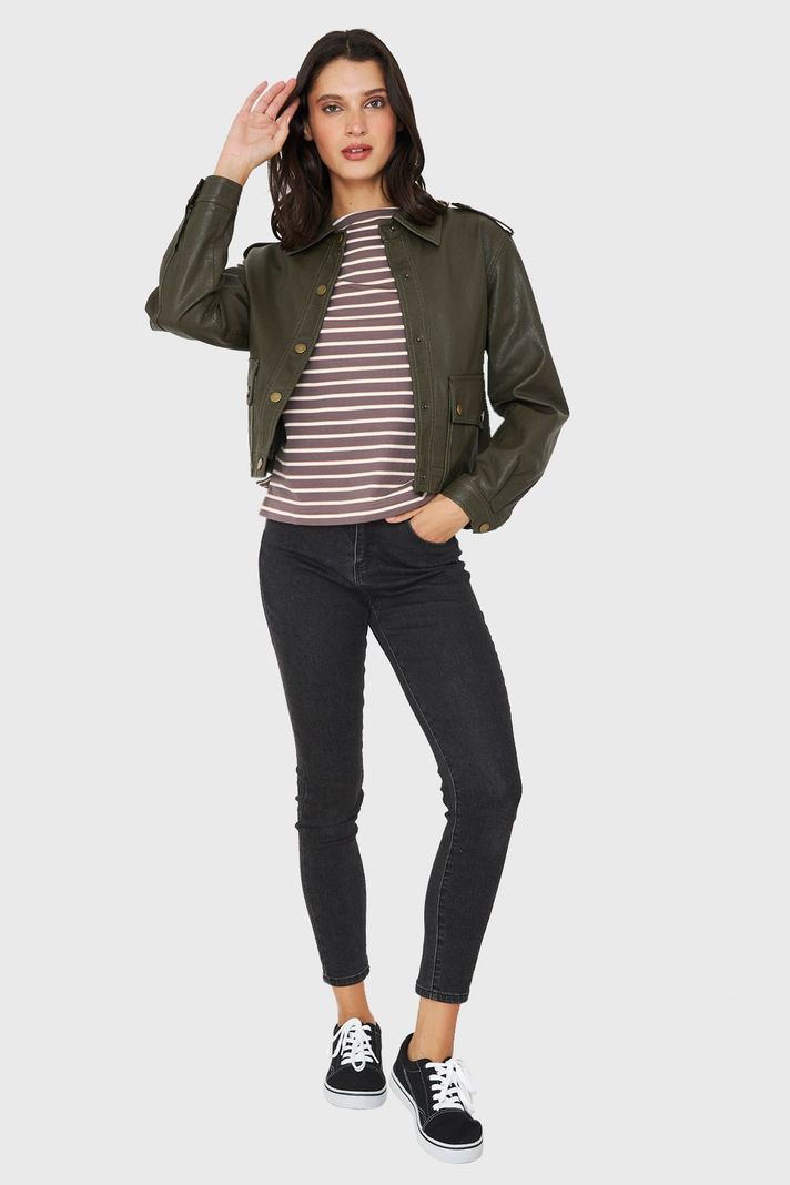 Chaqueta Cuello Camisero Ecocuero Oliva Nicopoly-1