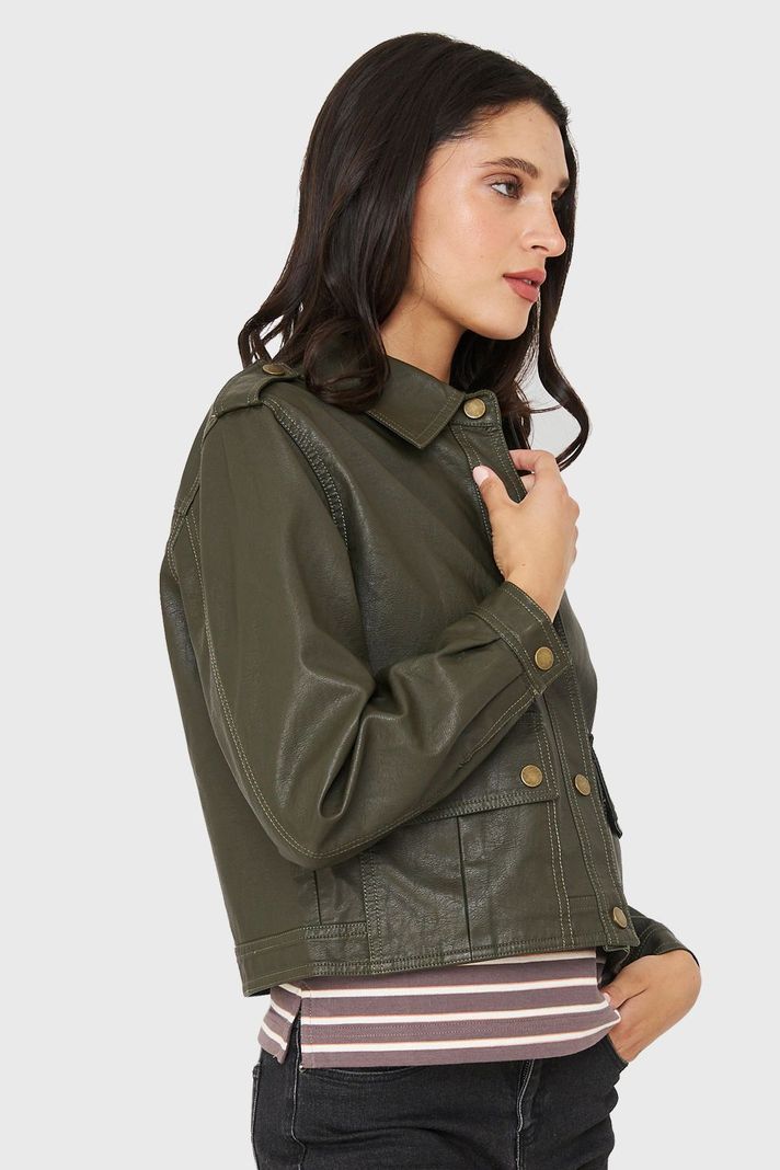 Chaqueta Cuello Camisero Ecocuero Oliva Nicopoly-2