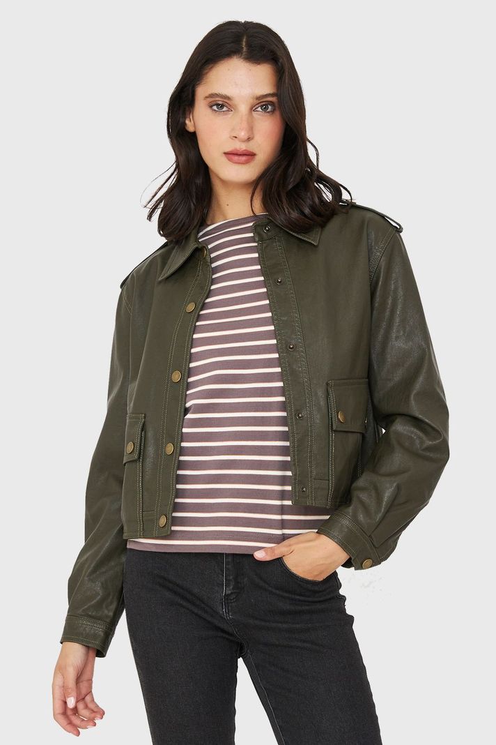Chaqueta Cuello Camisero Ecocuero Oliva Nicopoly-4