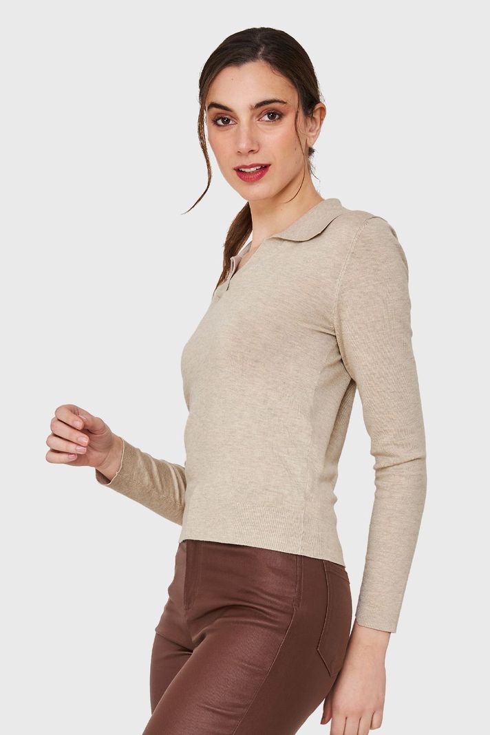 Polera Manga Larga Cuello Camisero Khaki Nicopoly-2