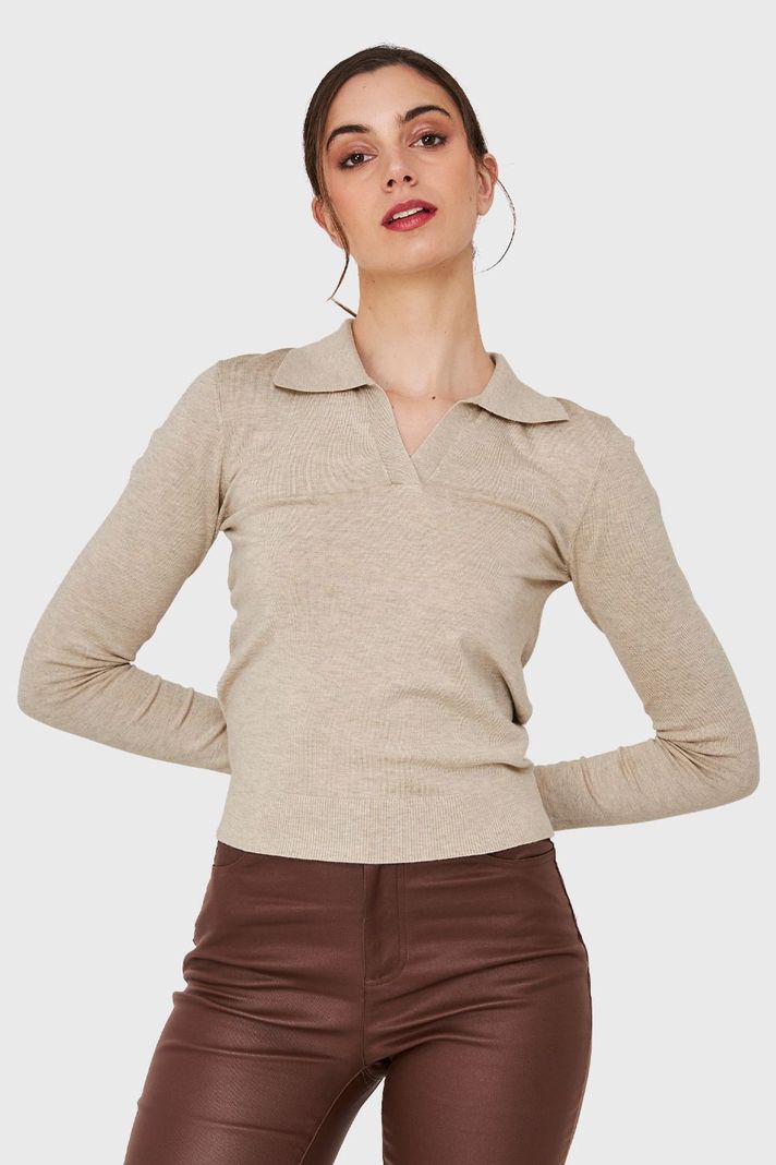 Polera Manga Larga Cuello Camisero Khaki Nicopoly-4