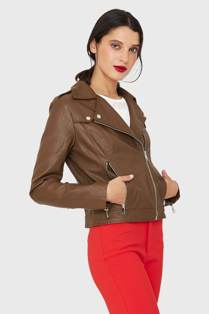 Chaqueta Biker Ecocuero Corta Café Nicopoly-2