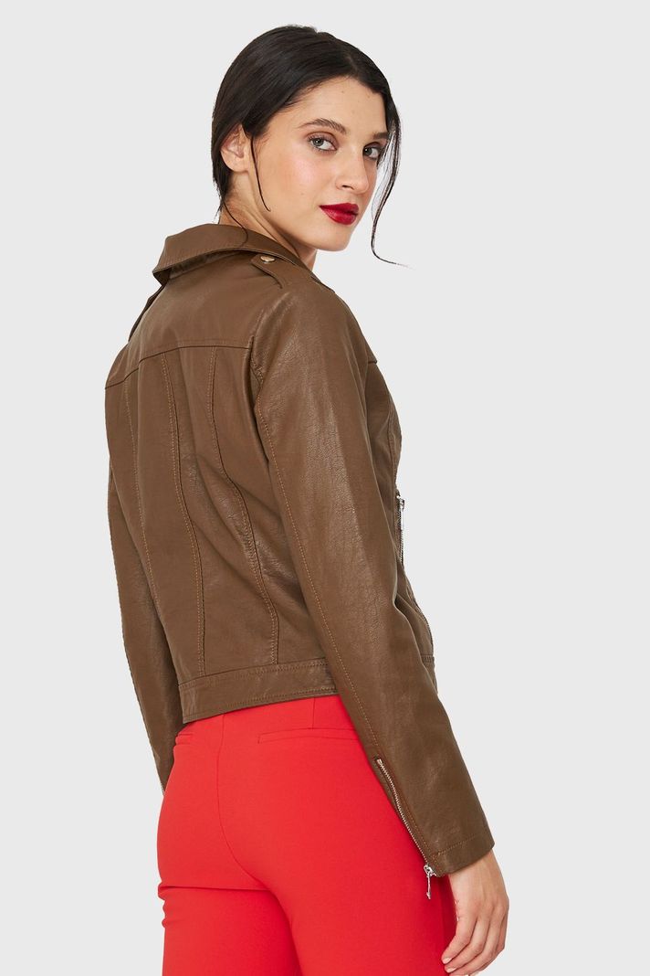 Chaqueta Biker Ecocuero Corta Café Nicopoly-3