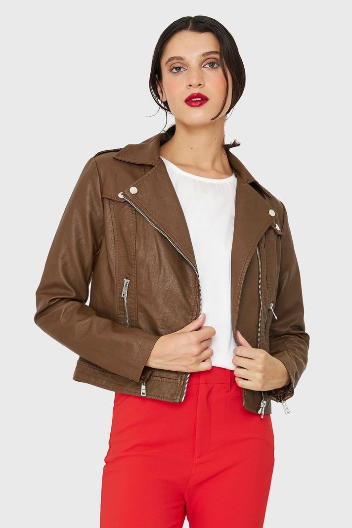 Chaqueta Biker Ecocuero Corta Café Nicopoly-4