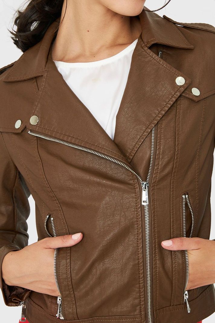 Chaqueta Biker Ecocuero Corta Café Nicopoly-5
