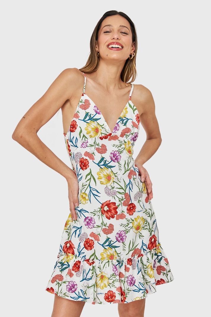 Vestido Escote V Flores Blanco Nicopoly