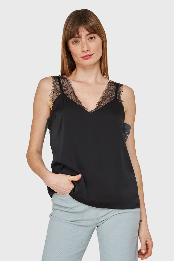 Blusa Satín Encaje Tirante Ancho Negro Nicopoly-0