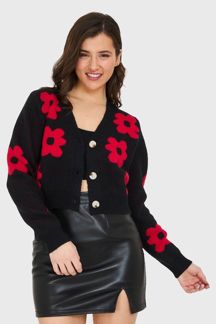 Cárdigan Crop Flores Negro Nicopoly-0