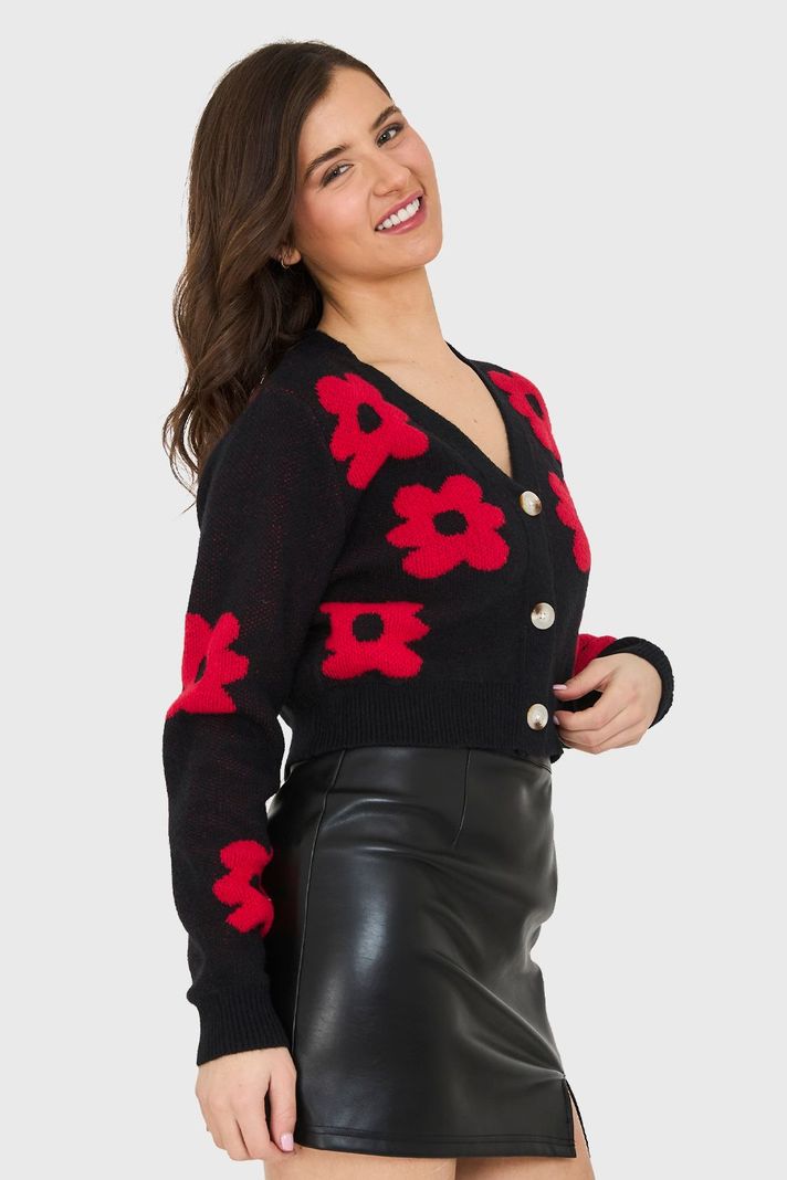 Cárdigan Crop Flores Negro Nicopoly-2