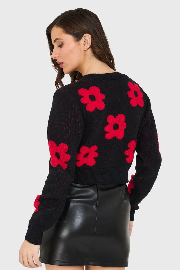 Cárdigan Crop Flores Negro Nicopoly-3