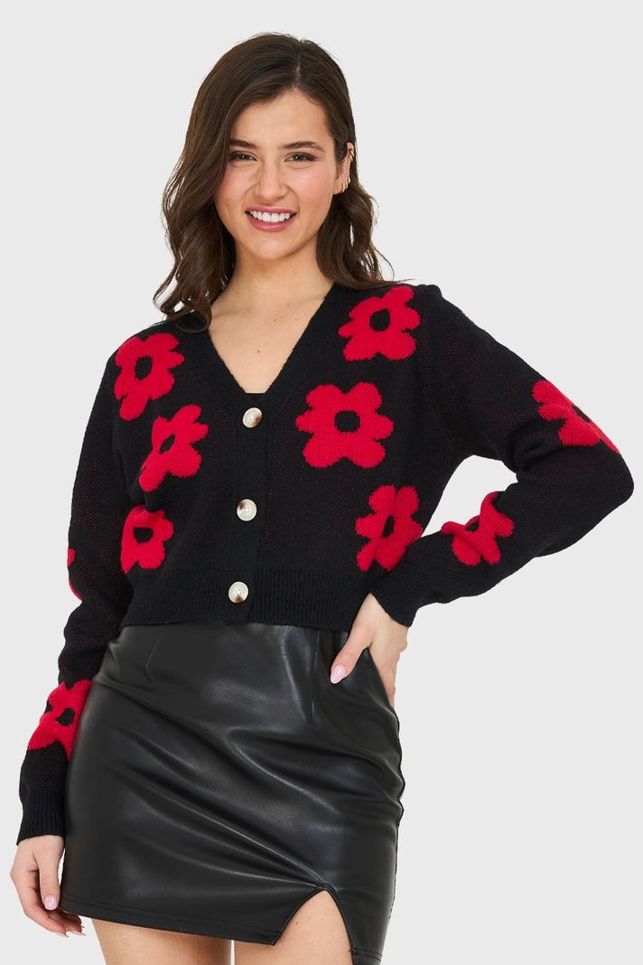 Cárdigan Crop Flores Negro Nicopoly-4