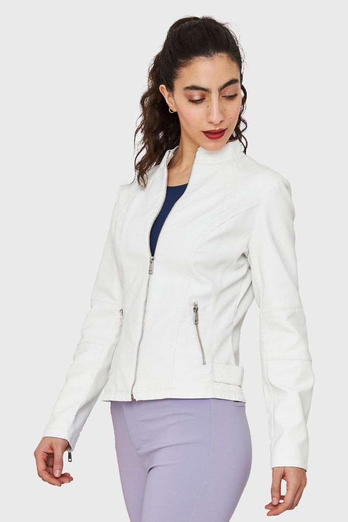 Chaqueta Cuello Mao Ecocuero Blanco Nicopoly-2