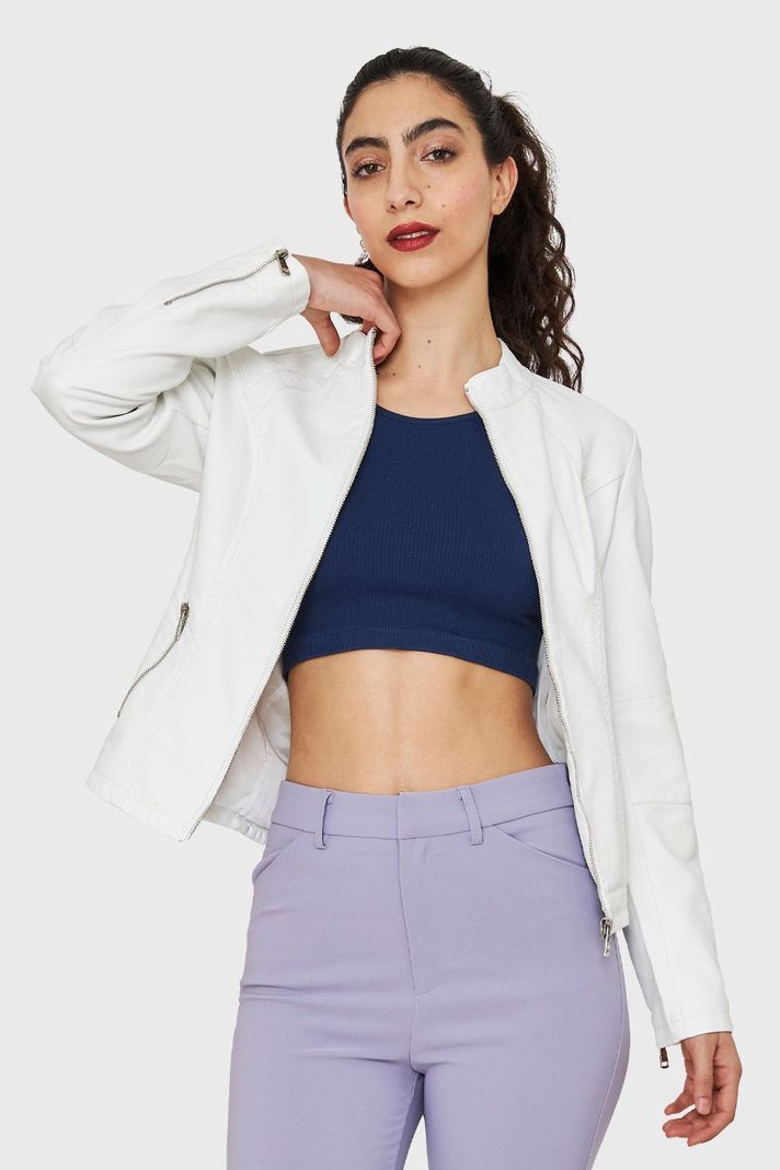 Chaqueta Cuello Mao Ecocuero Blanco Nicopoly-4