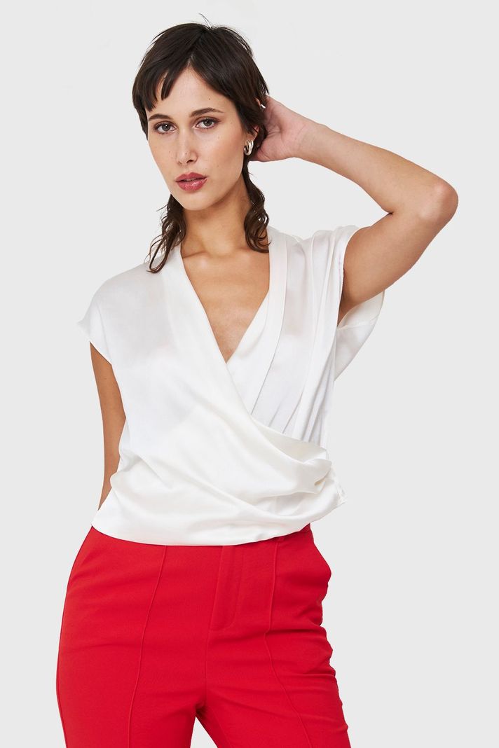 Blusa Efecto Cruzado Tipo Satín Blanco Nicopoly-0