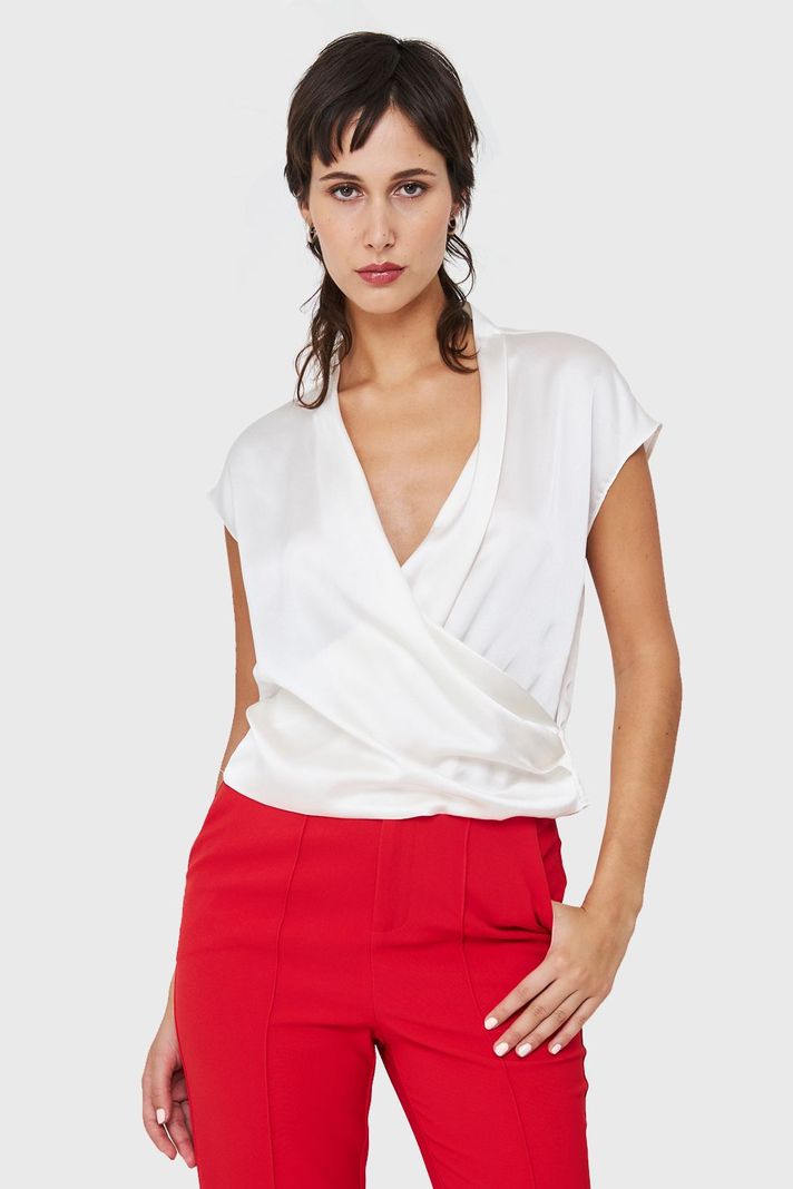 Blusa Efecto Cruzado Tipo Satín Blanco Nicopoly-4