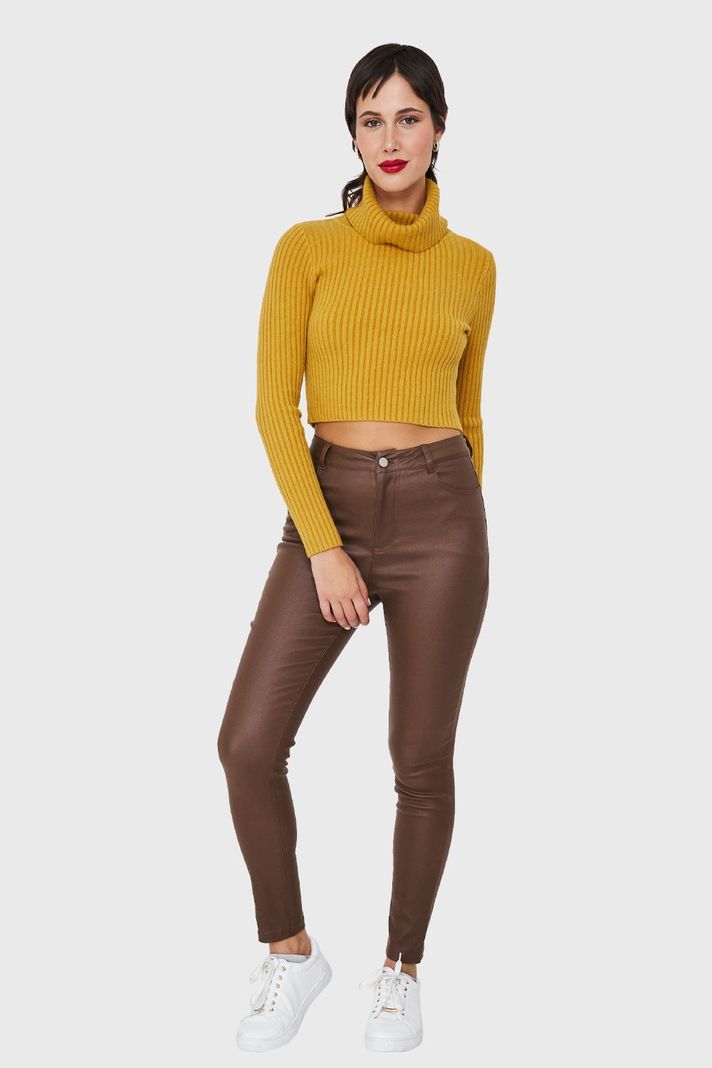 Calza Elasticada Skinny Tipo Encerada Café Nicopoly-1